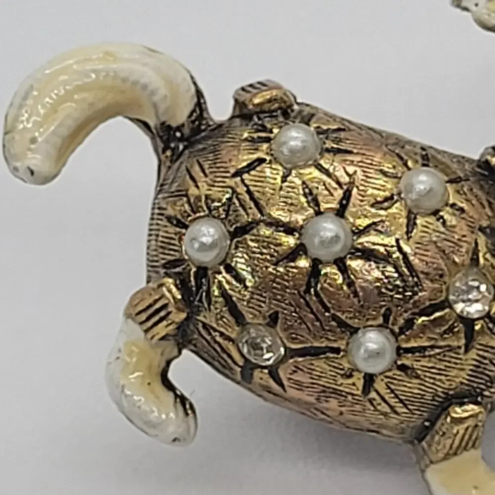 Signed WEISS Shaggy Dog Brooch Gold Tone Enamel Pearl Mid Century Whimsical